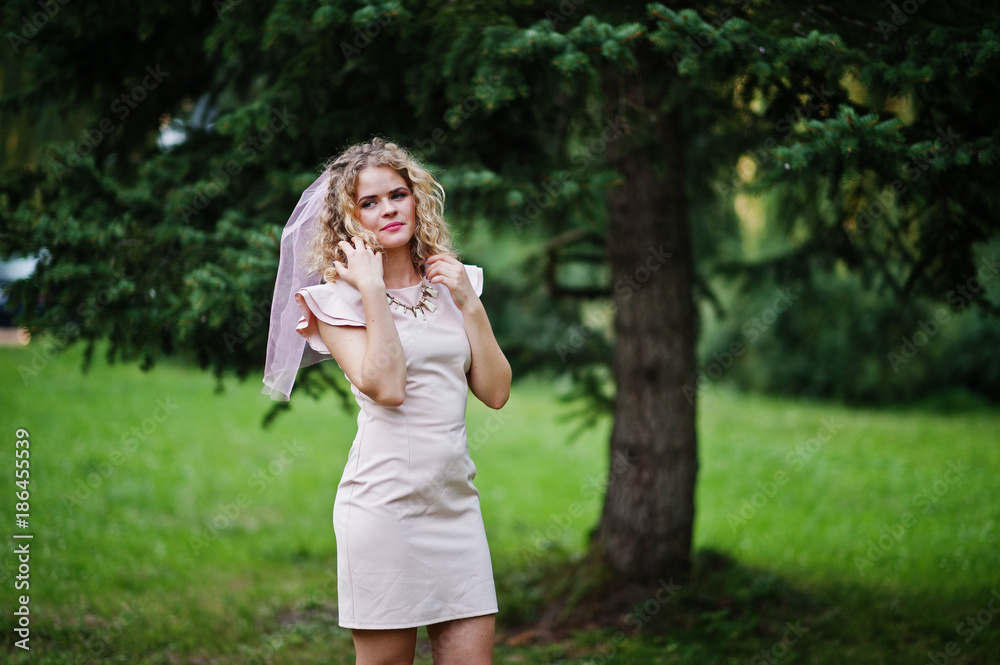 Portrait of blonde curly future bride at hen party. Portrait of blonde curly future bride at hen party.