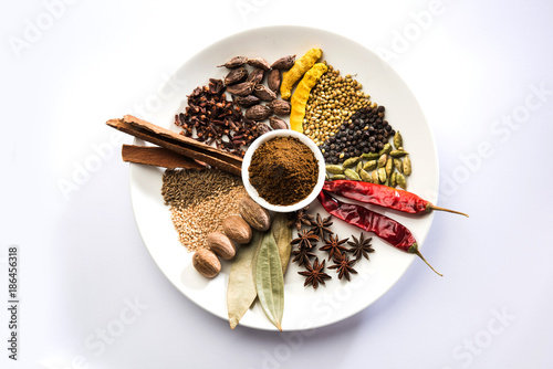 Colourful spices for Garam Masala. Food ingredients for garam masala, indian spice mix with Powder. Selective focus