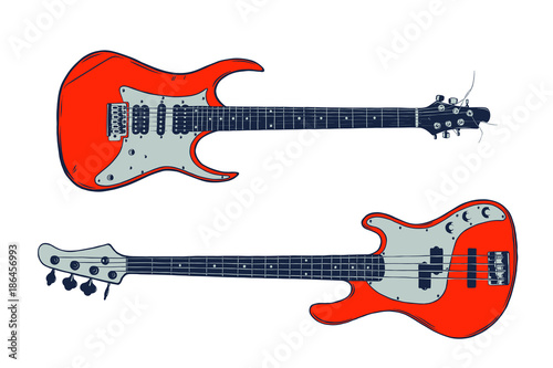 Electric and bass guitar on white background. Vector isolated illustration.