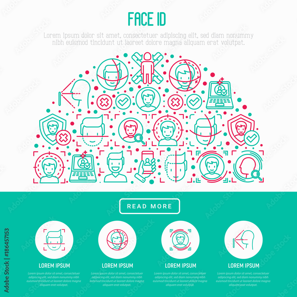 Face ID concept in half circle with thin line icons: face recognition, scanning, mobile authentication, approved, disapproved, face detect. Modern vector illustration, template for web page. Face ID concept in half circle with thin line icons: face recognition, scanning, mobile authentication, approved, disapproved, face detect. Modern vector illustration, template for web page.