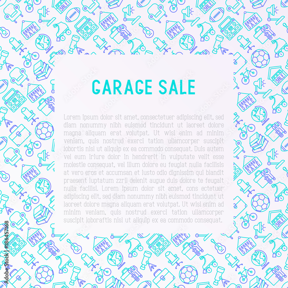 Garage sale concept with thin line icons: signboard, globe, telescope,guitar, rollers, armchair, toolbox, soccer ball. Modern vector illustration for banner, print media, web page. Garage sale concept with thin line icons: signboard, globe, telescope,guitar, rollers, armchair, toolbox, soccer ball. Modern vector illustration for banner, print media, web page.