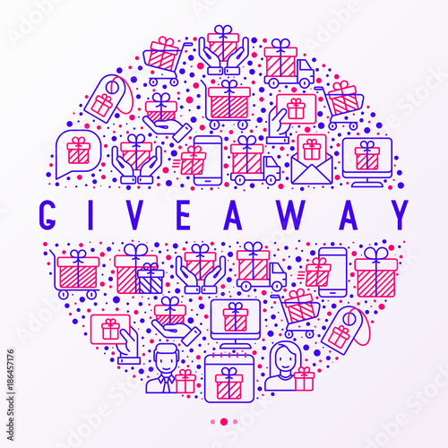 Giveaway or gifts concept in circle with thin line icons set  present in hand  trolley  cart  truck  envelope. Modern vector illustration  web page template.