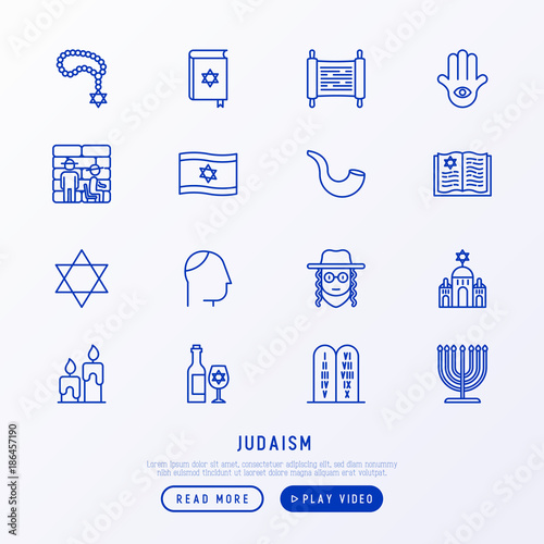 Judaism thin line icons set: Orthodox jew, star of David, sufganiyot, hamsa, candles, synagogue, skullcap, rosary, Western Wal, Tanakh. Modern vector illustration. photo