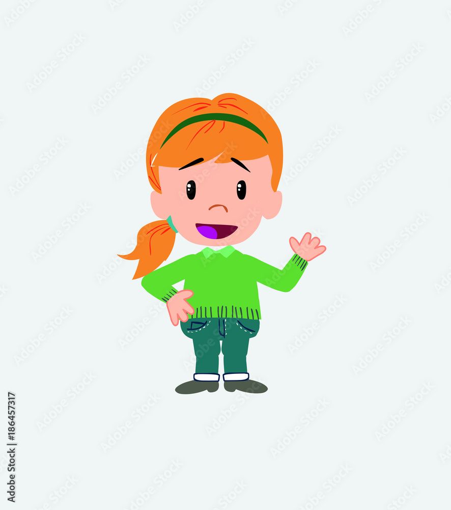 White girl with sweater waving, happy. White girl with sweater waving, happy.