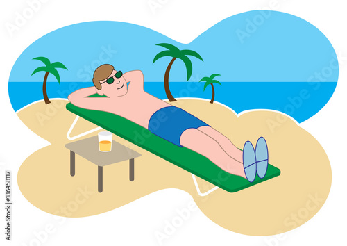 A young cartoon man is enjoying a tropical beach vacation