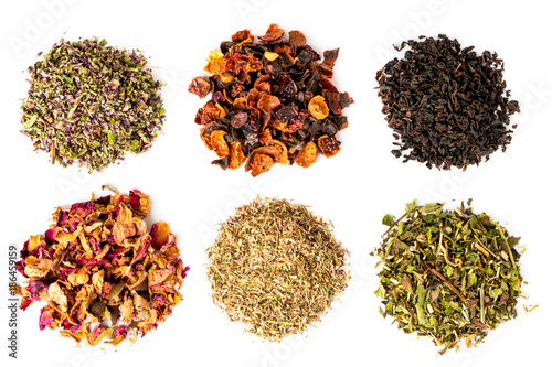 Six types of tea on a white background, isolated.