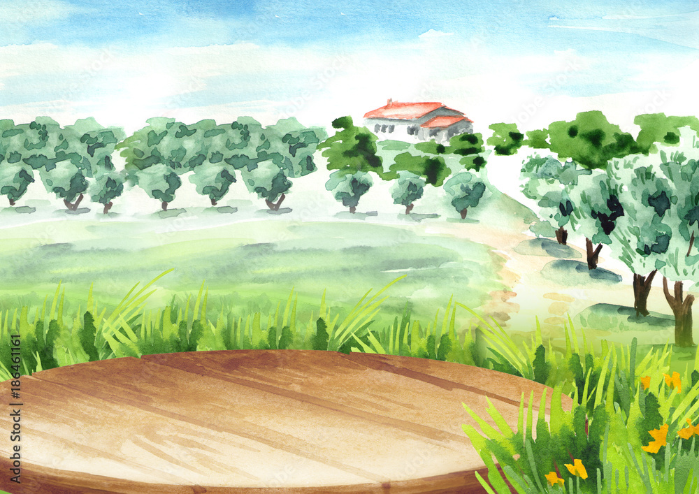 Empty table in Landscape with olive grove. Watercolor hand drawn background