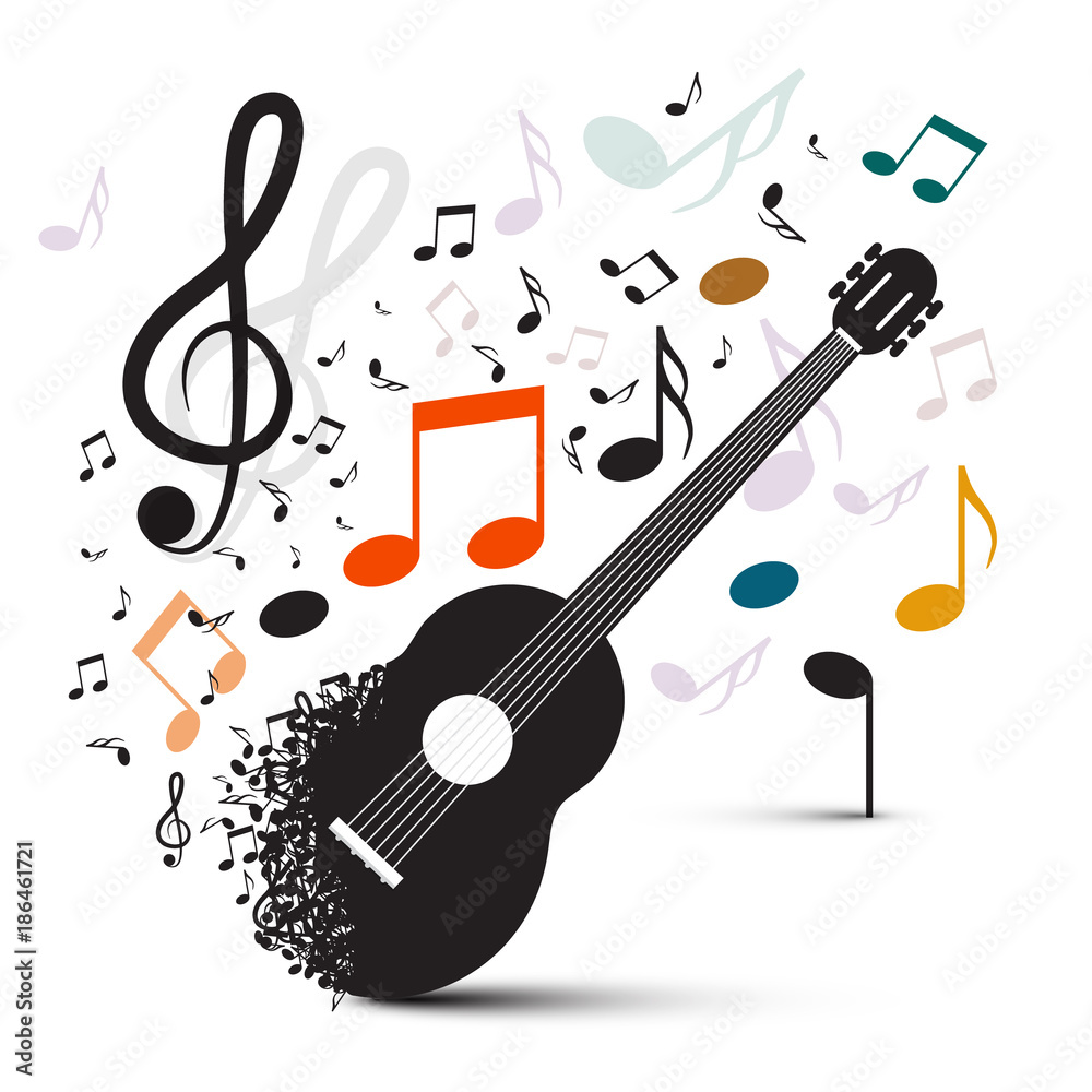 Guitar with Notes on White Background Guitar with Notes on White Background