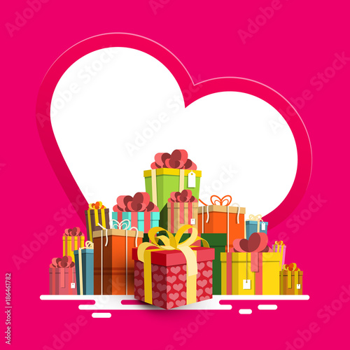 Birthday - Valentine or Christmas Greeting Card. Paper Heart with Gift Box Pile. Vector.