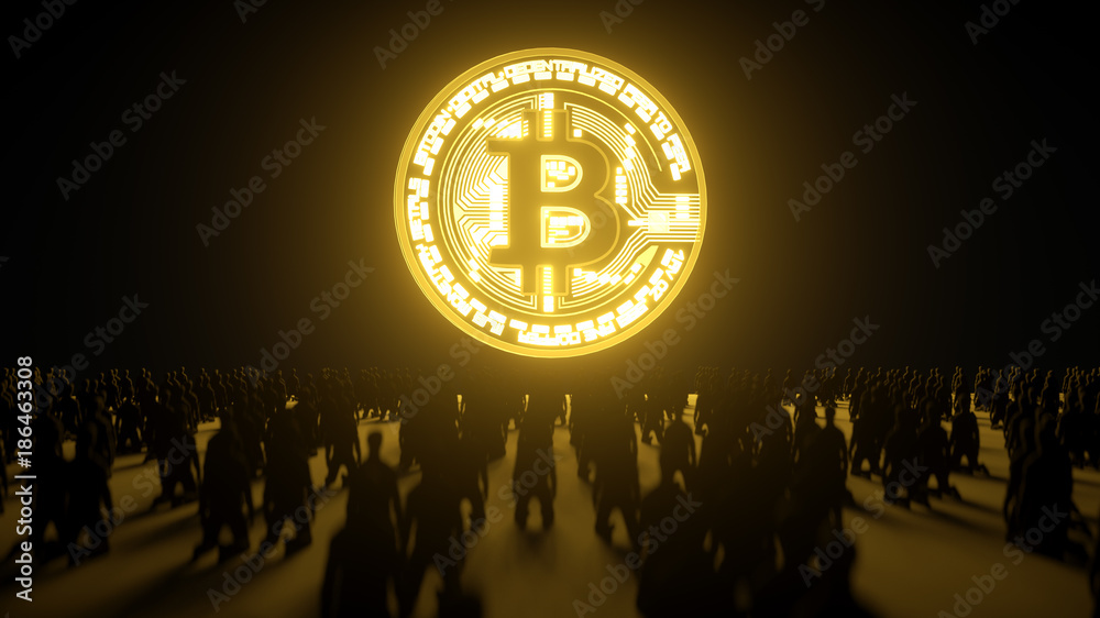 Menschen knien vor einer großen Bitcoin Münze - obrazy, fototapety, plakaty 