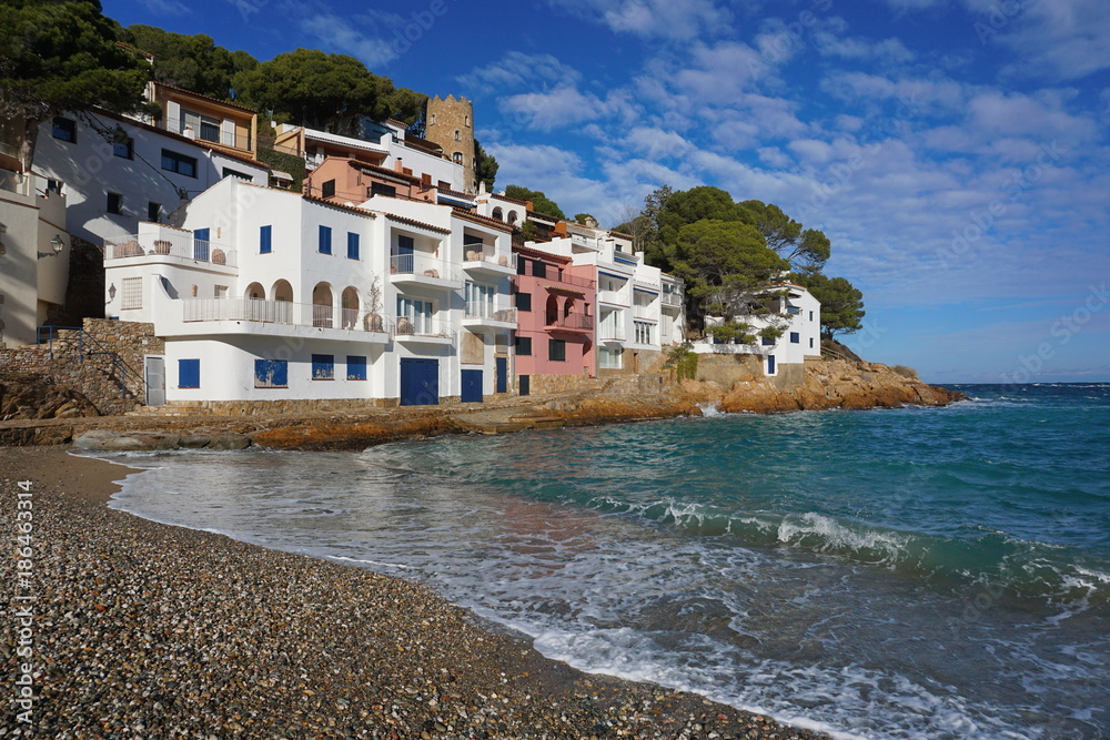 Fototapeta premium Spain Sa Tuna cove with coastal houses, Costa Brava, Begur, Catalonia, Baix Emporda, Mediterranean sea
