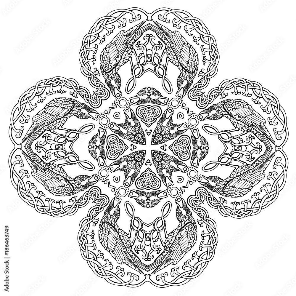 Naklejka premium Vector illustration of Celtic knot viking ravens cross black and white 