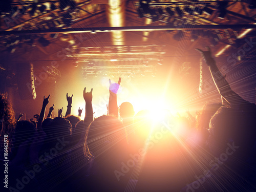 Concert venue crowded with ecstatic fans clapping in front of a stage