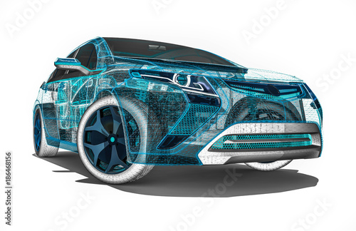 wire frame car / 3D render image of a car in wire frame representing developing of the car 