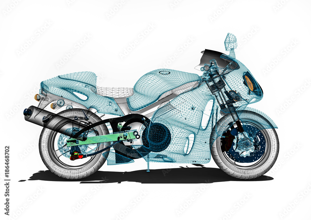 Naklejka premium Rozwój motocykla / 3D renderowanie obrazu motocykl w modelu szkieletowym reprezentujący rozwój motocykla.