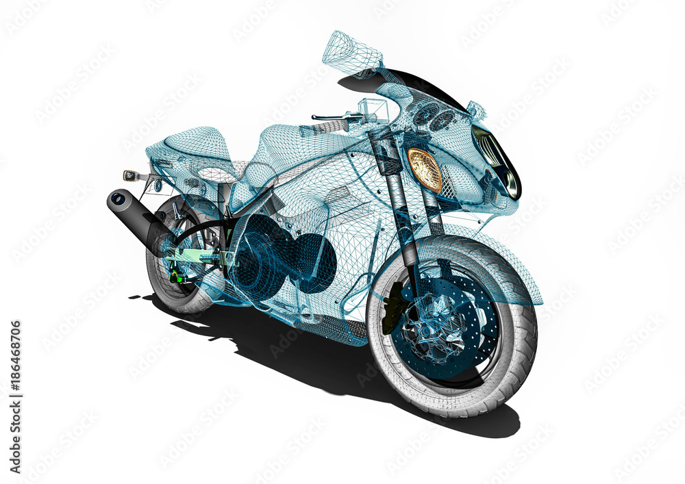 Obraz premium Motorcycle development / 3D render image an motorcycle in wireframe representing motorcycle development. 