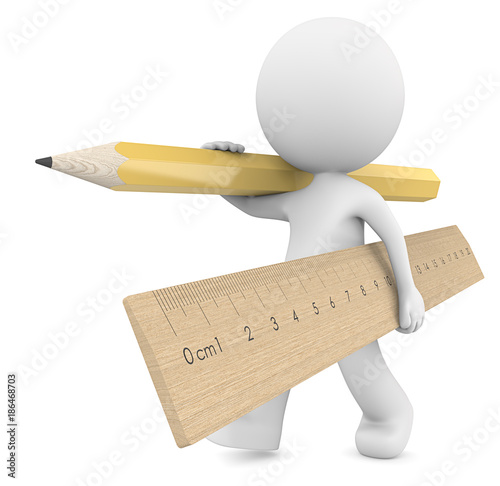 School. Dude 3D character carrying large wooden Ruler and yellow Pencil.  3d Render.