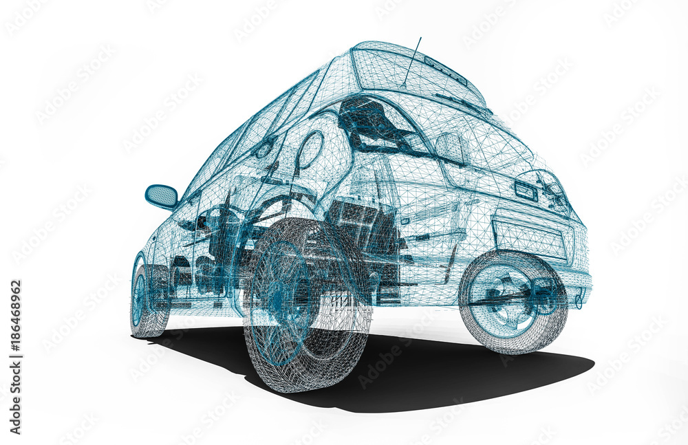 Fototapeta premium car development process / 3d render image of an car in wire frame representing car development process.