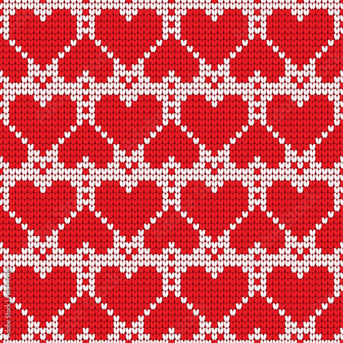Valentines Day love heart knitted seamless pattern. Textures in red and white colors. Vector illustration