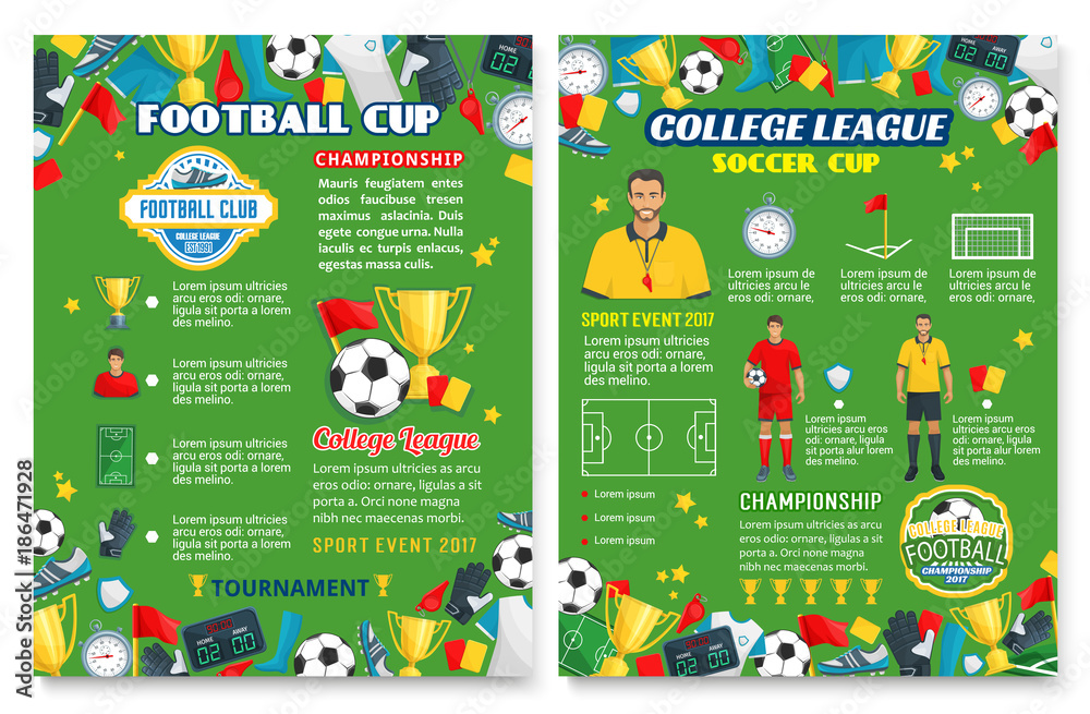 Fototapeta premium Football sport poster with soccer team equipment