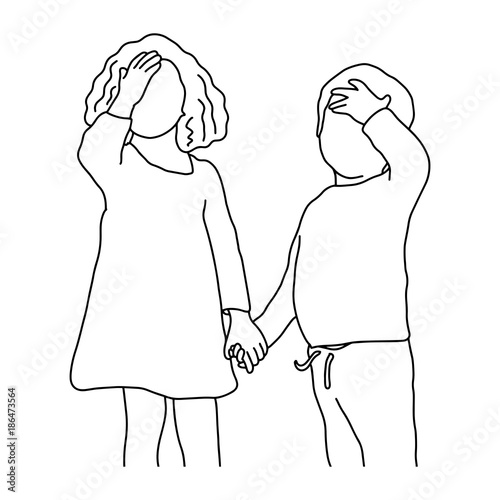 brother and sister got a headache vector illustration outline sketch hand drawn with black lines isolated on white background. medical and happy family concept.
