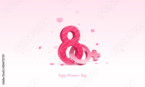 International Happy Women's Day, 8 March. 3D number and female sign with heart confetti in background.
