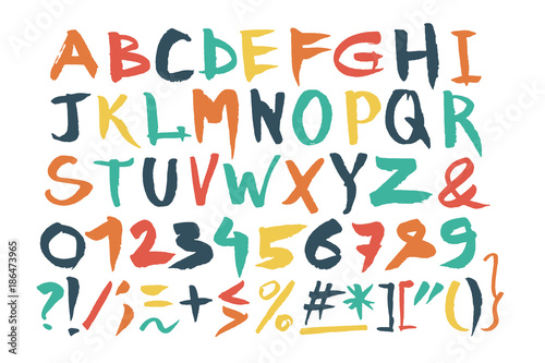 Hand drawn font. Handwritten alphabet in brush style. Modern script in vector. Handmade artistic letters. Brush pen lettering, colorful letters and marks.