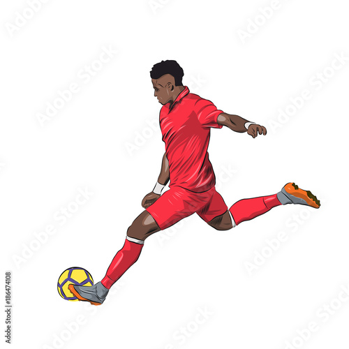 Soccer player in red jersey kicking ball, isolated vector illustration