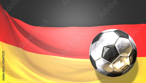glossy soccer football ball front of german flag. Germany ball. 3d rendering