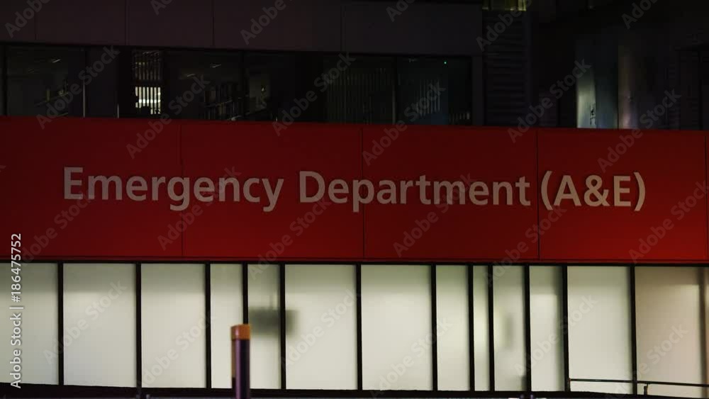 Focus pull to reveal a Hospital accident and emergency unit, establishing shot Focus pull to reveal a Hospital accident and emergency unit, establishing shot
