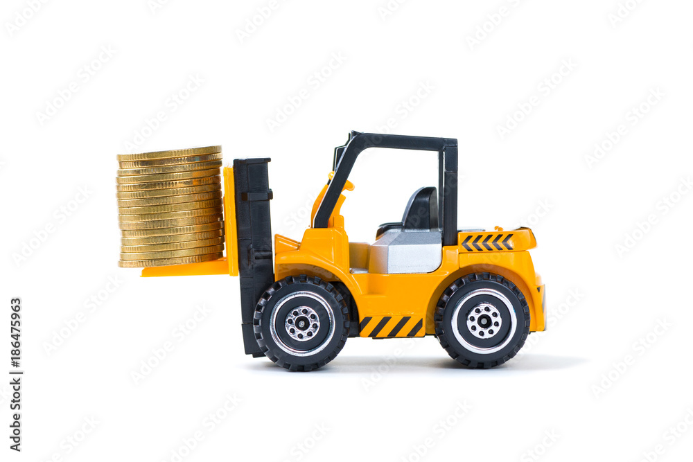 Mini forklift truck loading stack coin with steps of gold coin, isolated on white background with copy space, business finance and banking industrial concept. Mini forklift truck loading stack coin with steps of gold coin, isolated on white background with copy space, business finance and banking industrial concept.