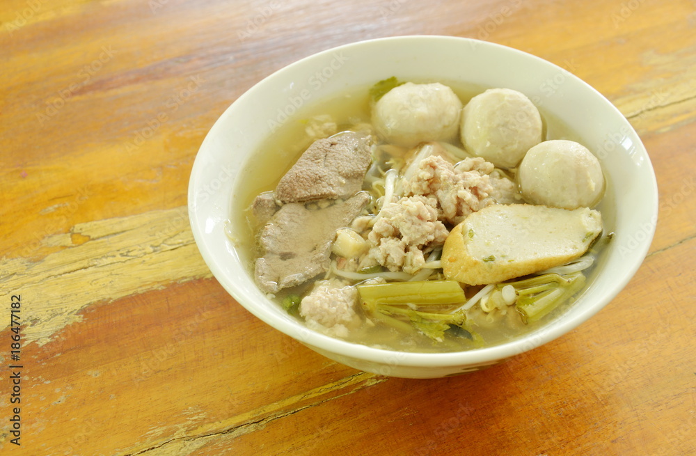 pork ball and liver with bean sprout soup on bowl pork ball and liver with bean sprout soup on bowl