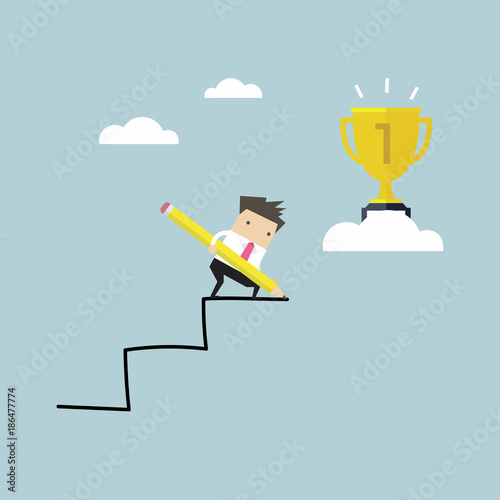 Businessman use pencil to create his own stair to success