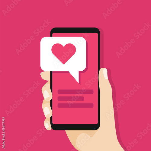 Hand holding smartphone with love message on screen. Social network concept. vector