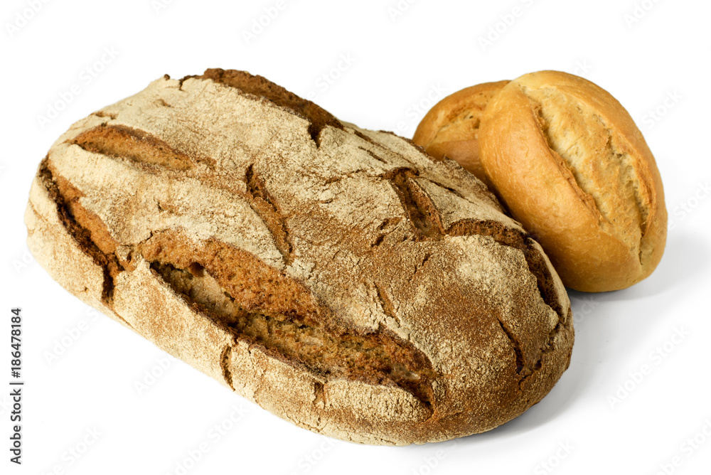 Fresh German sourdough rye bread & small bread rolls - high angle view isolated on white background Fresh German sourdough rye bread & small bread rolls - high angle view isolated on white background