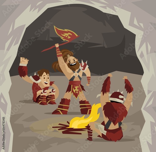 brave cavemen in a cavern in fire camp
