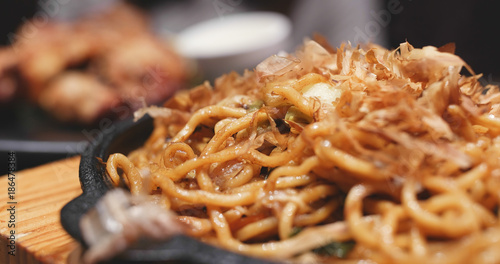 Japanese fried noodles, called yaki soba photo