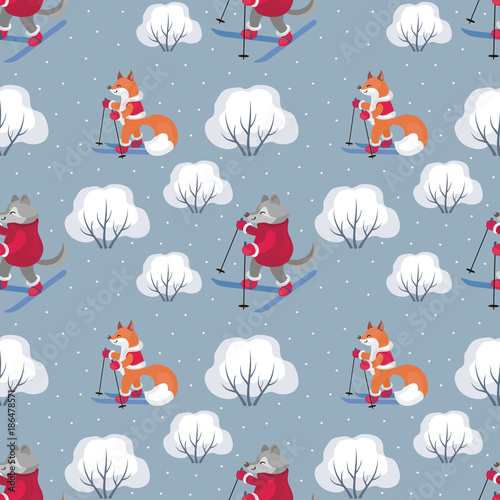 Children's seamless pattern with the image of funny forest animals and winter landscape. Vector background.