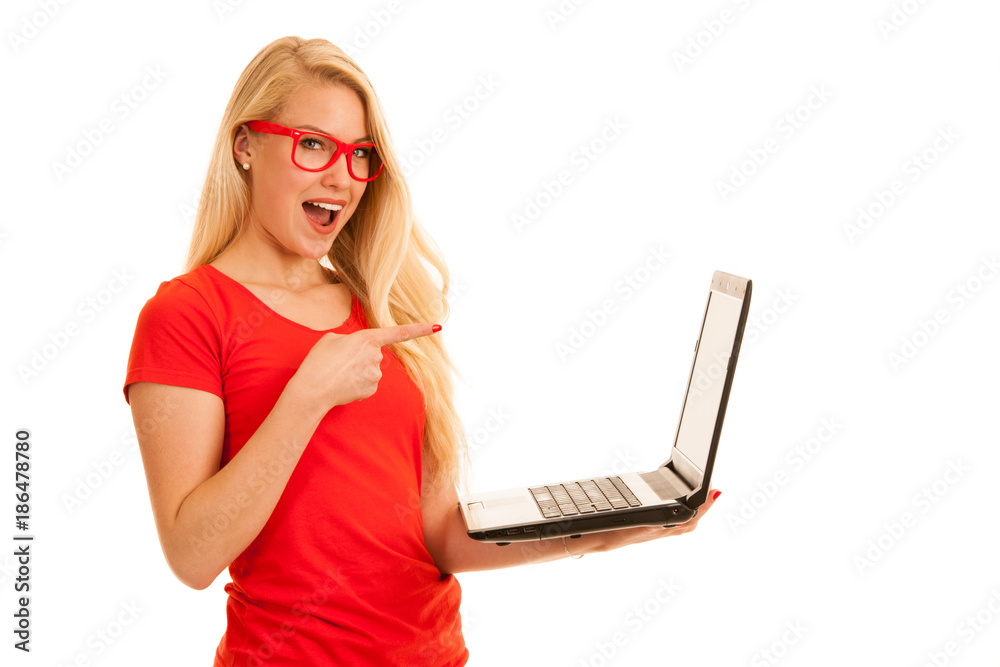Beautiful young woman holds a laptop gesture surprise and success isoalted Beautiful young woman holds a laptop gesture surprise and success isoalted