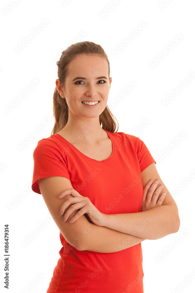 Portrait of beautiful young happy caucaian brunette woman in red t shirt isolated over white - happyness Portrait of beautiful young happy caucaian brunette woman in red t shirt isolated over white - happyness