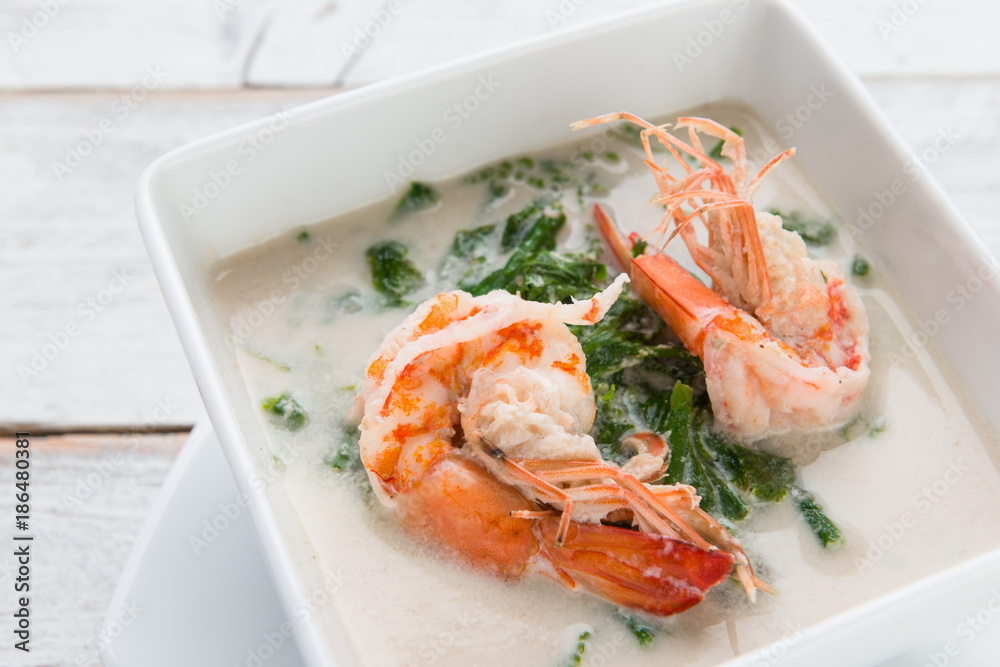 Shrimp and Paco fern (Diplazium esculentum) boil with coconut milk Shrimp and Paco fern (Diplazium esculentum) boil with coconut milk