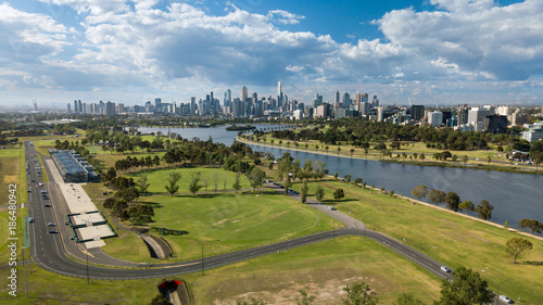 View of Albert Park Lake and part of the Australian Grand Prix track looking north towards the Melbourne skyline