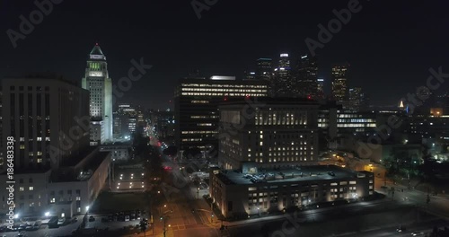 Wallpaper Mural Cinematic urban aerial of downtown Los Angeles skyscrapers at night Torontodigital.ca