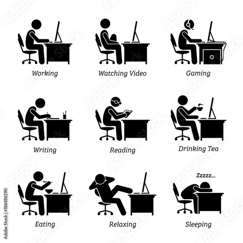 Executive working in front of a computer at office workplace. The businessman is also watching video, gaming, writing, reading, sleeping, eating, drinking coffee and relaxing while using the computer.