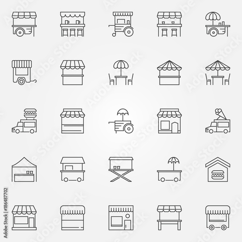 Street food outline icons. Vector market stall symbols