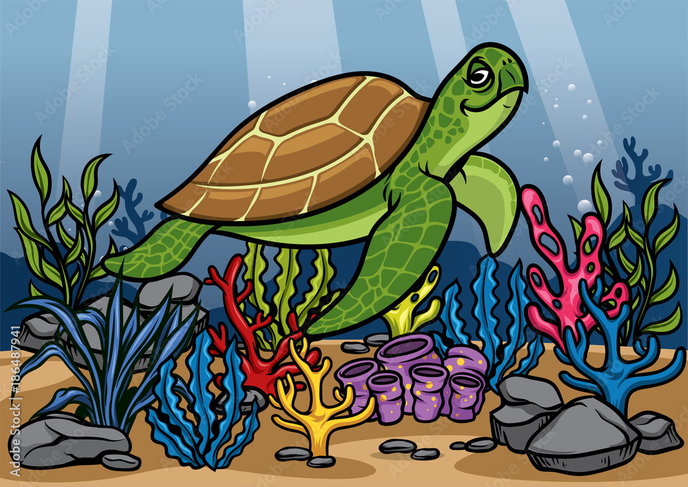 Fototapeta premium cartoon turtle underwater with beautiful coral