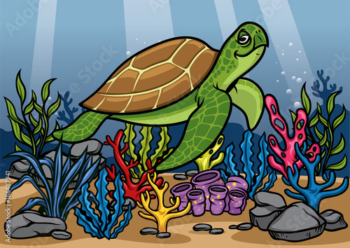 cartoon turtle underwater with beautiful coral