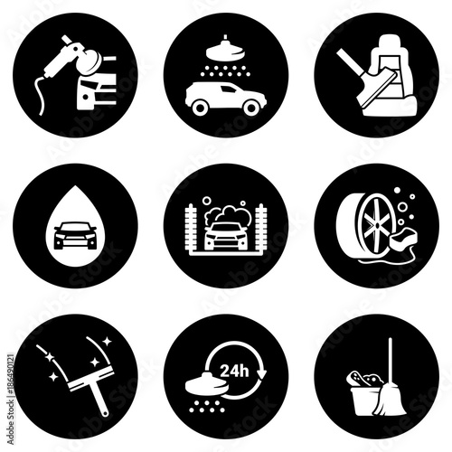 Set of white icons isolated against a black background, on a theme Car Wash