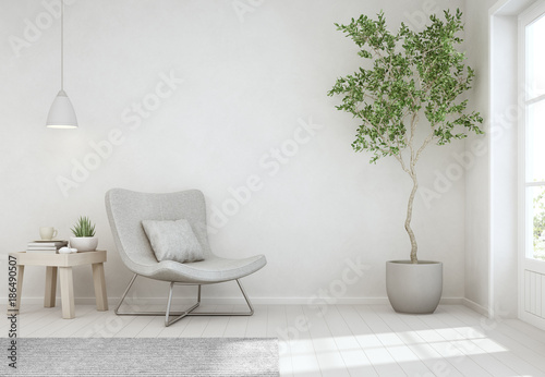 Indoor plant and coffee table on wooden floor with empty white concrete wall background, Chair near door in bright living room of modern scandinavian house - Home interior 3d illustration