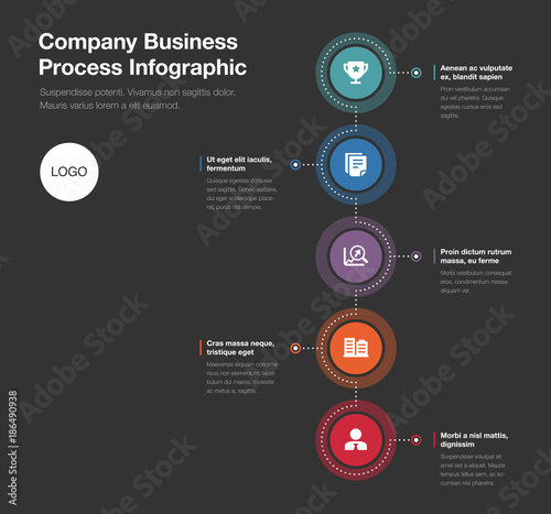 Company business process template isolated on dark background. Vector infographic easy to use for your design or presentation.